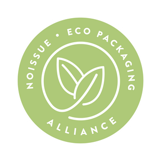 No Issue Eco packaging alliance badge. Light green circle with a double leaf icon