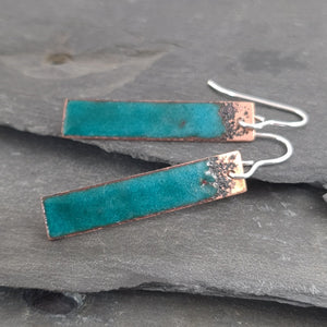 Teal speckle enamelled copper earrings on sterling silver wires a Earrings from A Little Trinket